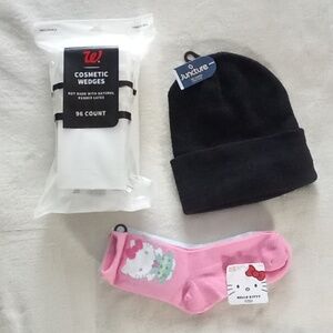 BUNDLE 96 MAKE UP WEDGES + BLACK FLEECE LINED BEANIE + HELLO KITTY SOCKS